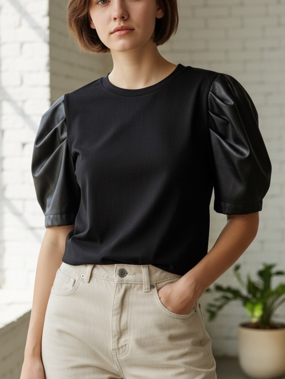 Strut and Bolt Leather Puff Sleeve Top